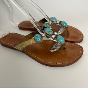 Mystique jeweled sandals Turquoise Crystal Rhinestones Gold Sandals Size 8 Boho
